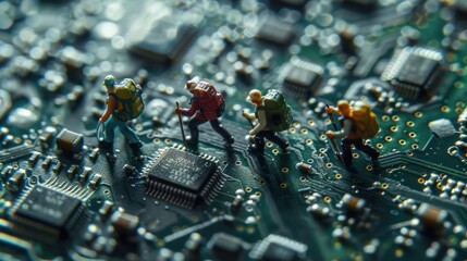 Miniature hikers traverse a circuit board landscape, symbolizing technology exploration and adventure
