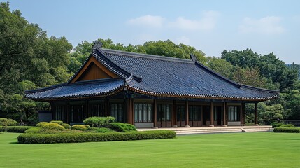 Asian-style pavilion in manicured garden under a clear sky