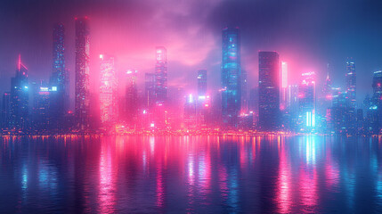 Obraz premium A sprawling cyberpunk cityscape glowing with neon lights and holographic billboards, featuring towering skyscrapers in a modern, bright-toned atmosphere with blurred empty space for captions.