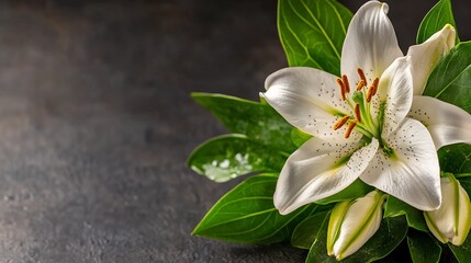 Obraz premium Serene white lilies softly illuminated against dark background. AI Generated