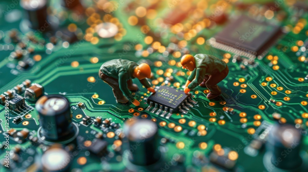 Poster miniature workers assembling a microchip on a vibrant green circuit board with blurred bokeh