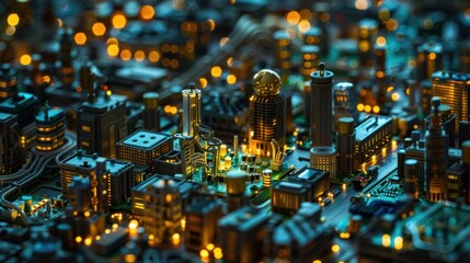 A vibrant miniature cityscape at night, showcasing illuminated buildings and intricate details