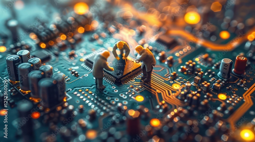 Poster miniature figures working on a circuit board, showcasing technology and innovation in action