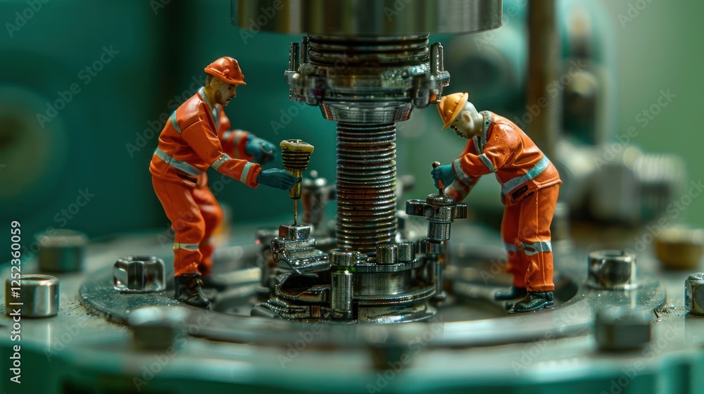 Poster miniature workers repairing a complex machine in a workshop with tools and machinery in the backgrou