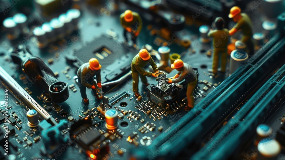 Poster miniature workers repairing a circuit board in a detailed electronics workshop setting