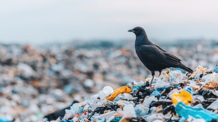 A bird perches on a mound of colorful plastic waste, highlighting the issue of pollution and its...