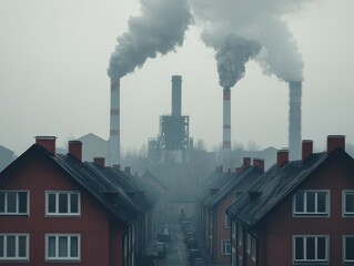 A foggy cityscape featuring industrial smokestacks emitting pollution, with red-brick houses lined...