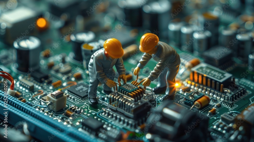 Poster miniature workers repairing a circuit board with intricate components in a tech workshop
