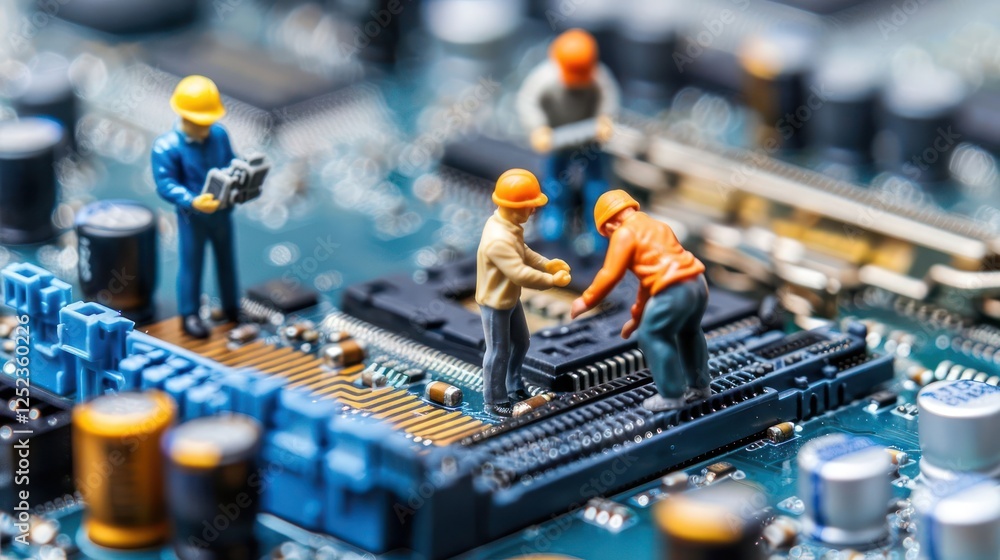 Aufkleber miniature workers collaborating on a circuit board, showcasing technology and teamwork in action