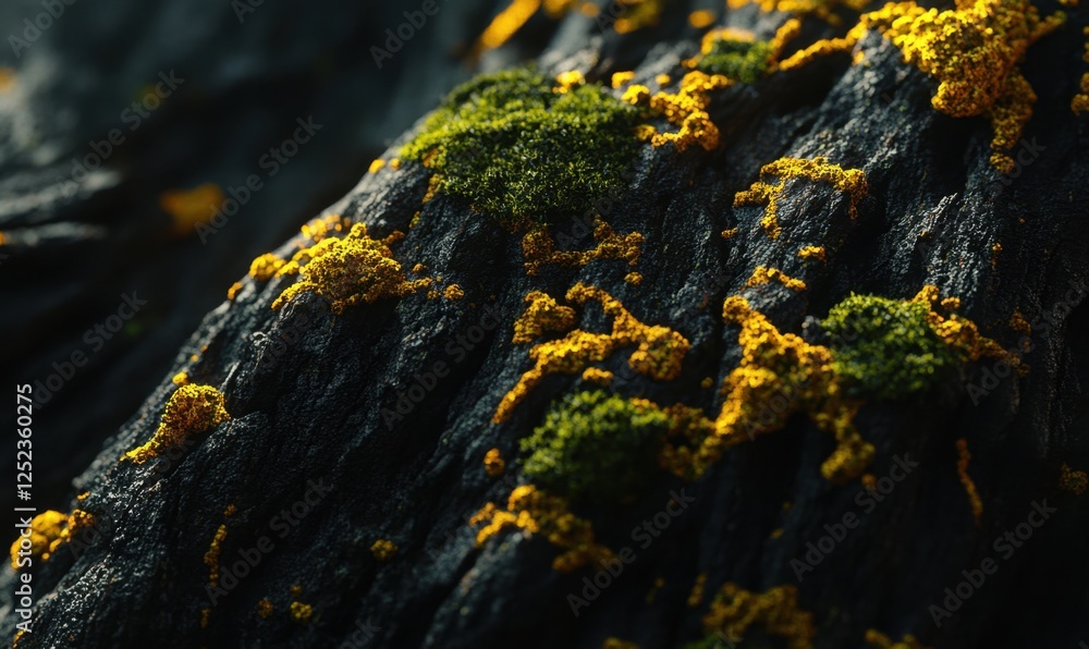 Poster close-up of textured bark with moss and lichen; sunlight; nature background; website/print