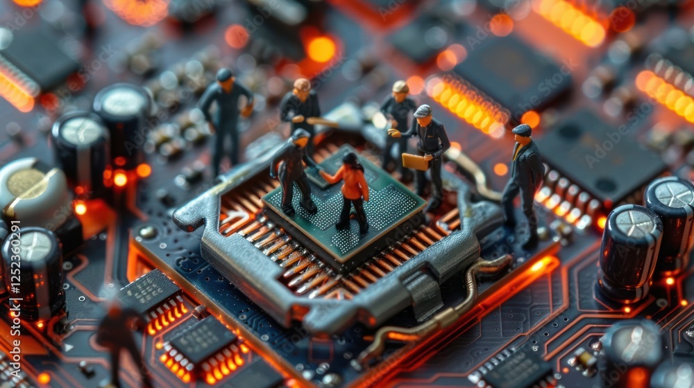 Poster miniature figures negotiating on a computer chip surrounded by glowing circuitry in a tech setting