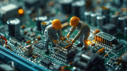Miniature workers repairing a circuit board with intricate components in a tech workshop