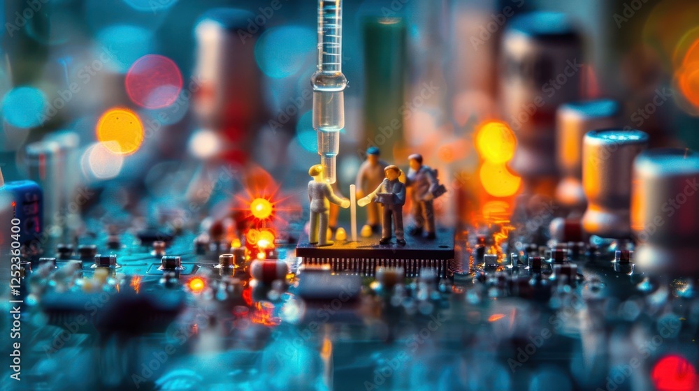 Poster miniature figures collaborating on a microchip with colorful electronic components in background