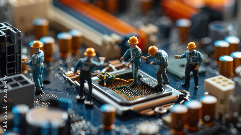 Poster miniature workers repairing a computer chip on a circuit board, showcasing technology in action