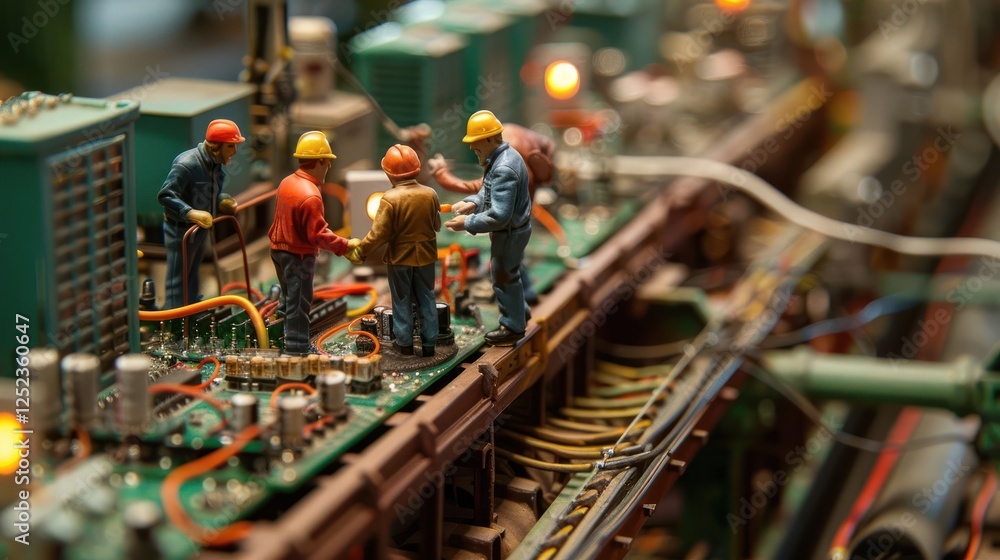 Poster miniature workers collaborating on a detailed model train setup in a vibrant workshop environment