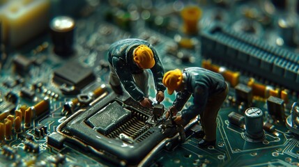 Miniature workers repairing a circuit board with intricate details and electronic components