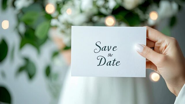 Save Date Card Held by Hand with Elegant Floral Background