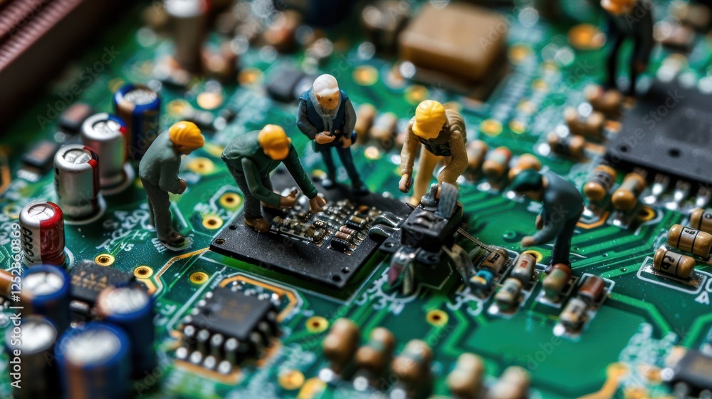 Aufkleber miniature figures working on a circuit board, showcasing electronics assembly in detail