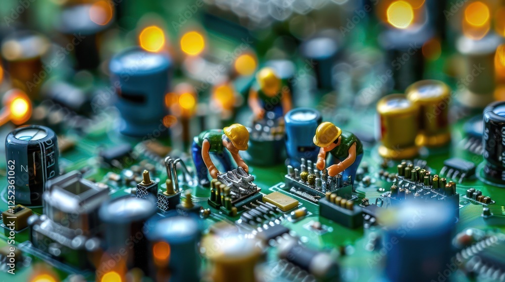 Poster miniature workers assembling electronic components on a circuit board with glowing lights