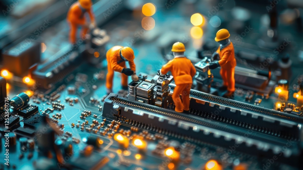 Poster miniature workers assembling a circuit board in a high-tech environment with glowing lights