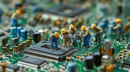 Obraz premium Miniature workers repairing a circuit board in a detailed electronic environment (3)