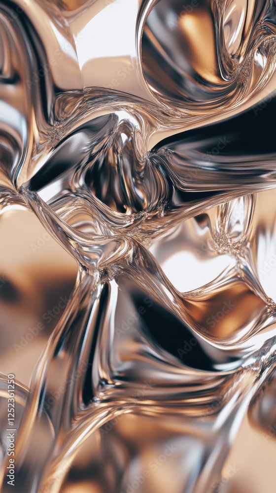 Poster flowing metallic liquid creating abstract ripples, liquid motion patterns vertical