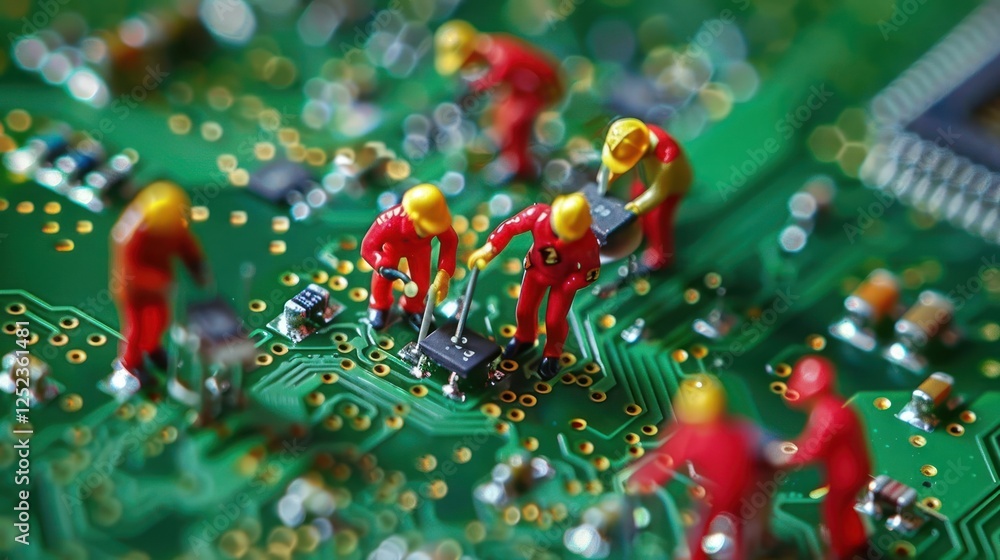 Poster miniature figures assembling components on a circuit board in a vibrant, tech-inspired environment
