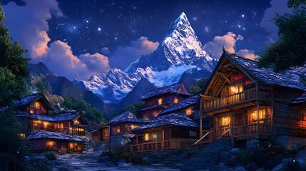 Himalayan village night, starry sky, mountain peak