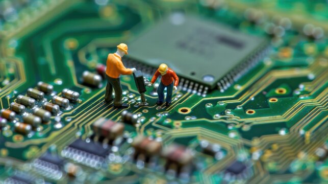 Miniature workers inspecting a circuit board with intricate components and connections - Powered by Adobe