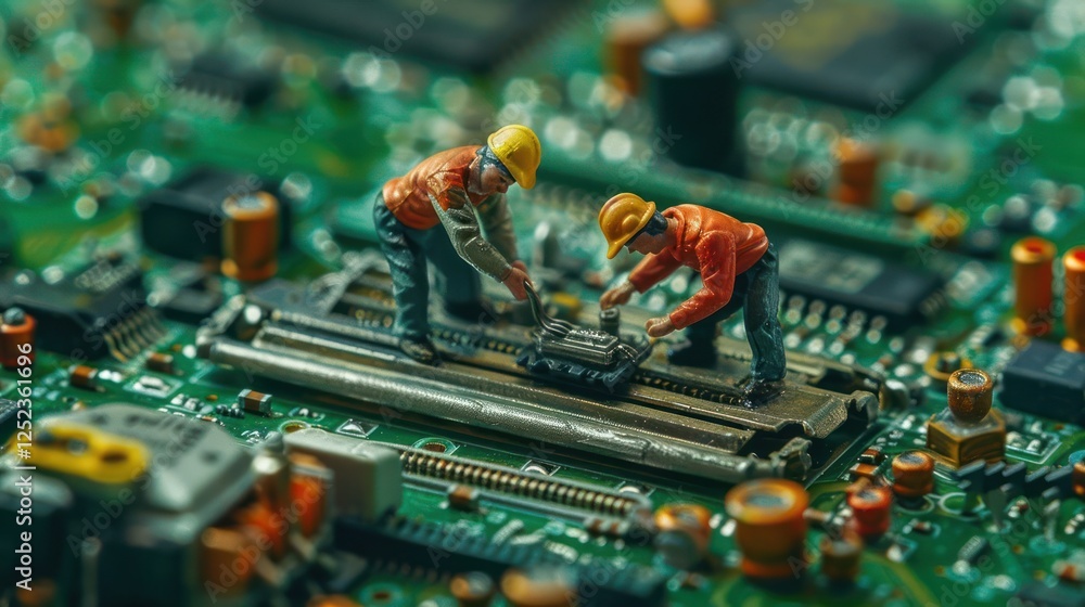 Poster miniature workers repairing a circuit board with intricate components in a tech environment