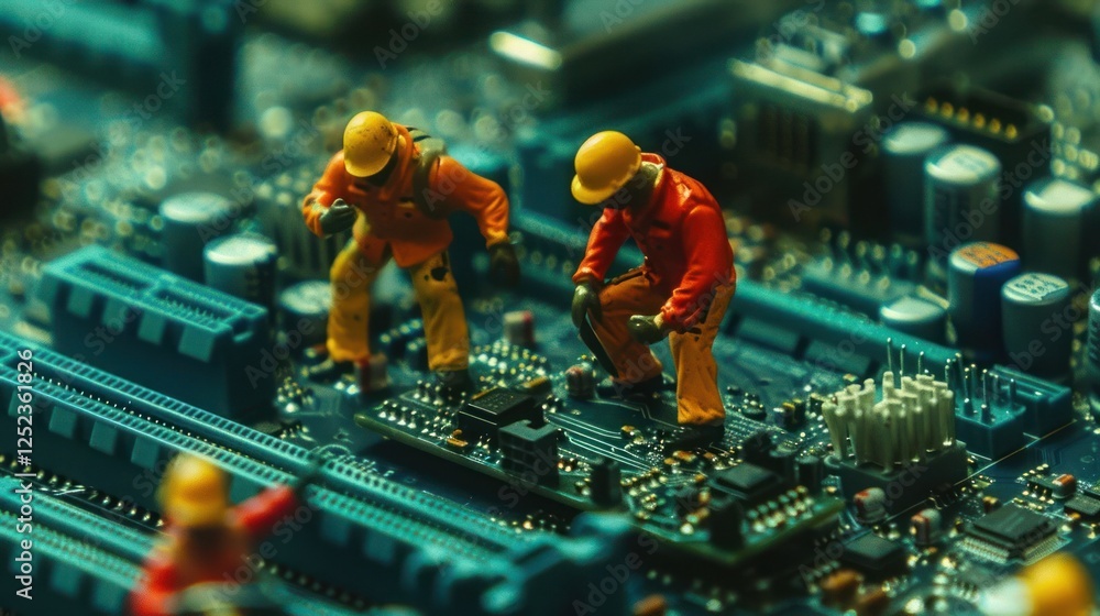 Poster miniature construction workers repairing a circuit board in a tech environment with tools