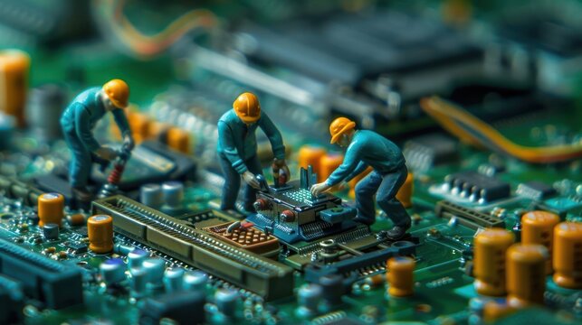 Tiny workers assembling components on a circuit board, showcasing intricate technology in action