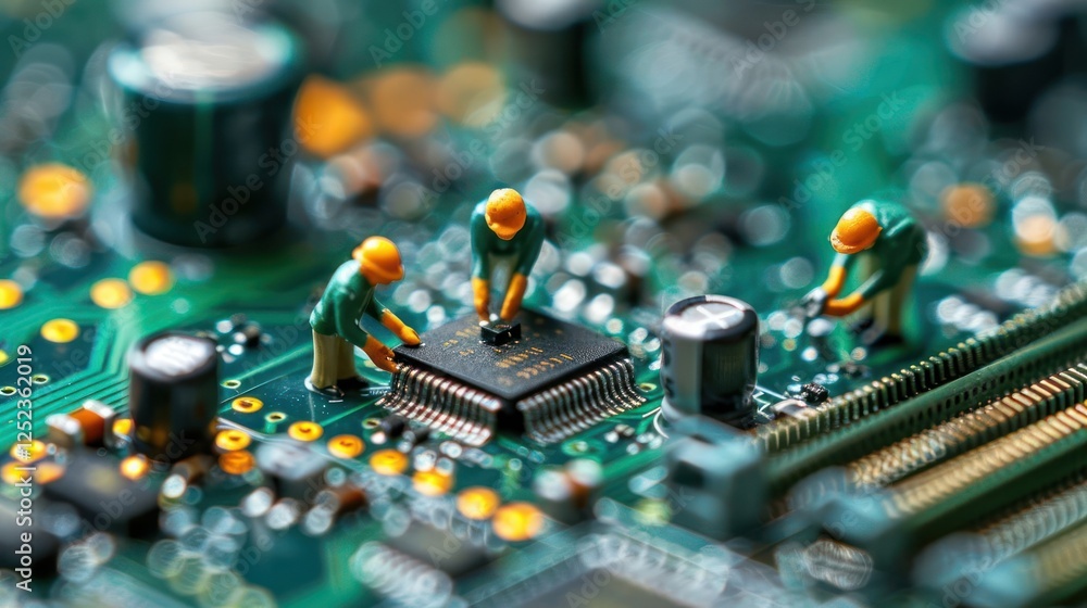 Poster miniature workers repairing a microchip on a circuit board with electronic components