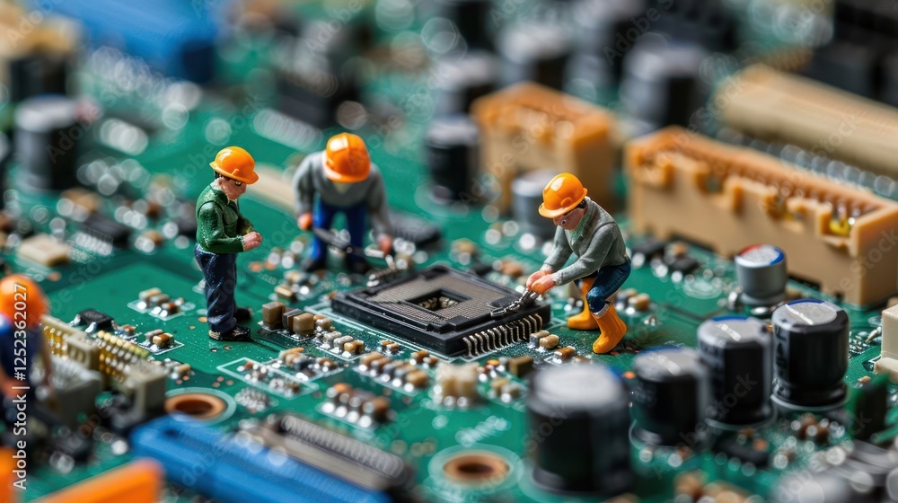Poster miniature workers repairing a circuit board in a tech workshop with tools and components around