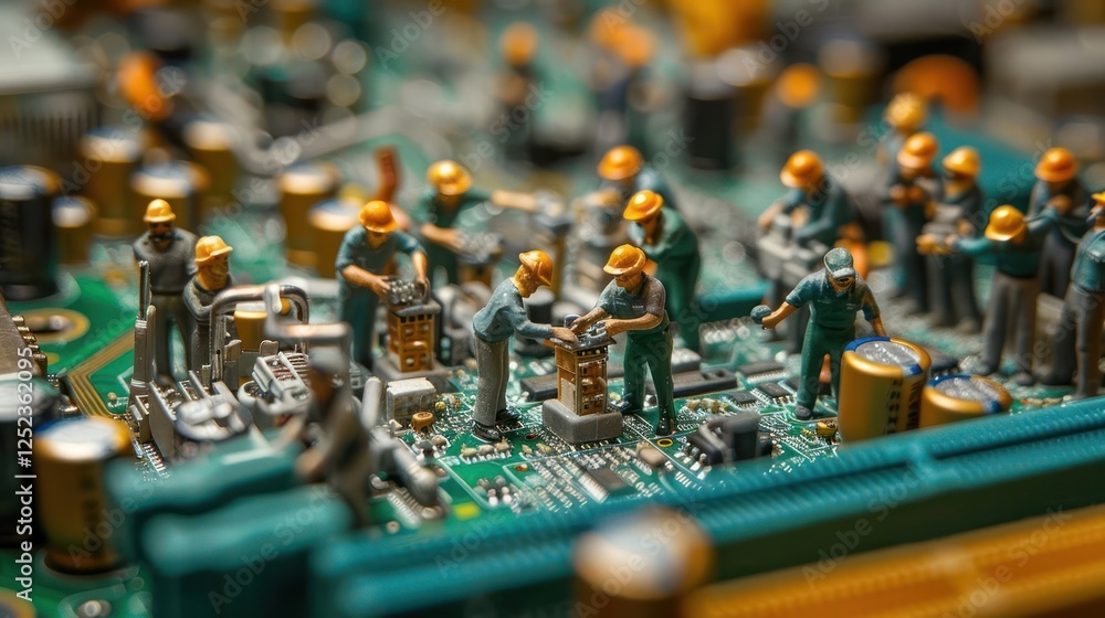 Poster miniature workers assembling components on a circuit board in a detailed industrial setting