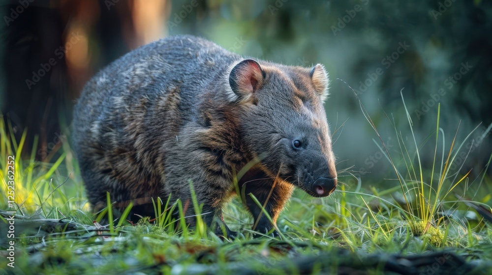 Poster close-up of a wombat foraging in a lush green forest with soft sunlight filtering through trees
