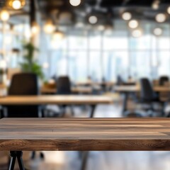 Wooden tabletop with blurred modern office background. Empty surface for product placement.
