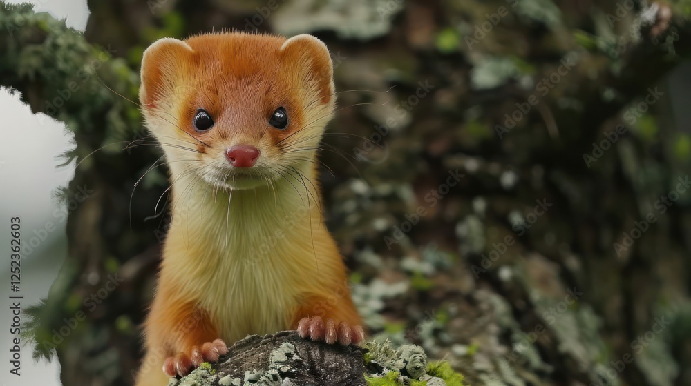 Poster close-up of a curious weasel perched on a mossy tree trunk in a serene forest setting