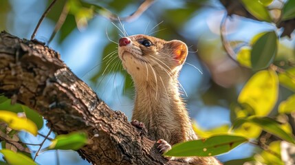 Small mammal perched on a tree branch, gazing upwards amidst vibrant green foliage