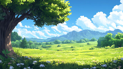 Obraz premium Serene Summer Meadow Landscape With Majestic Mountains