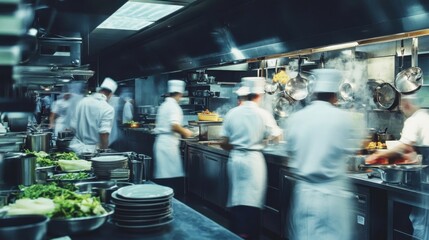 A bustling restaurant kitchen backdrop with chefs in action, Restaurant kitchen scene, Energetic and dynamic style