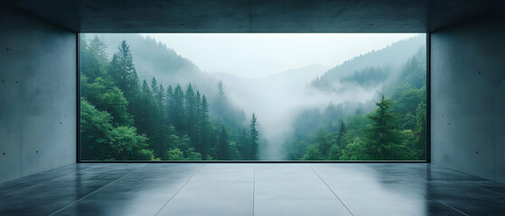 Foggy mountain view from modern room