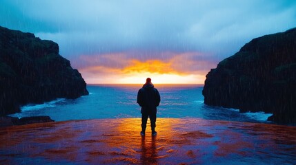 Person standing on a beach in the rain during sunset with a cloudy sky and ocean waves in the background