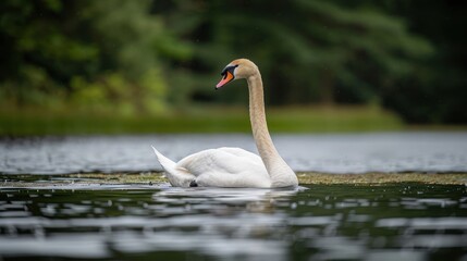 Fototapeta premium Elegant swan gliding across a serene lake surrounded by lush greenery and reflections
