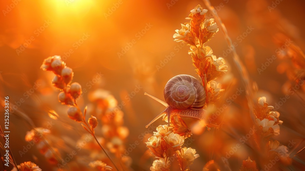 Poster close-up of a snail on a flower in a sunlit field during golden hour, creating a serene atmosphere