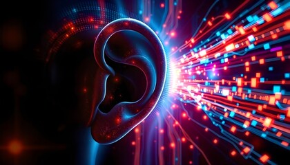 world hearing day An abstract digital visualization of a human ear receiving vibrant, glowing digital signals, symbolizing the significance of active listening in the digital age