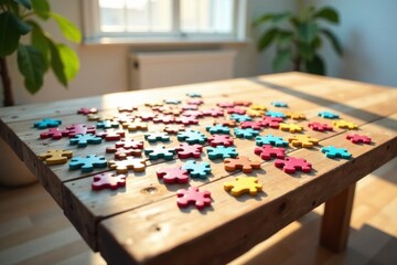 Fototapeta premium Sunlit Wooden Table with Scattered Colorful Puzzle Pieces, Representing the Concept of Problem Solving and Teamwork