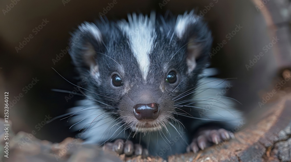 Poster close-up of a curious skunk peering from a hollow log in a serene forest setting