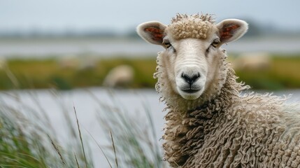 Obraz premium Close-up of a curious sheep in a lush green field near a tranquil water body, with other sheep grazing