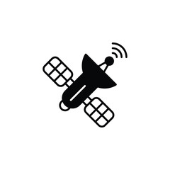 Artificial satelite in orbit around earth. Flat style. On white background. Thin line.